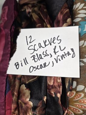 Oscar de la Renta, RL, BB Jewel Tones Floral Silk Scarves Black Burgundy Teal 12